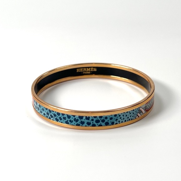 Hermès Thin Rose Gold Printed Enamel Bangle Blue Leopard - Picture 1 of 5